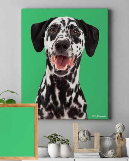 A wall displays the "4" canvas painting featuring a happy Dalmatian in Pop Art style on a green background. Below, a matching green-framed picture, plants, and decor rest on a gray shelf.
