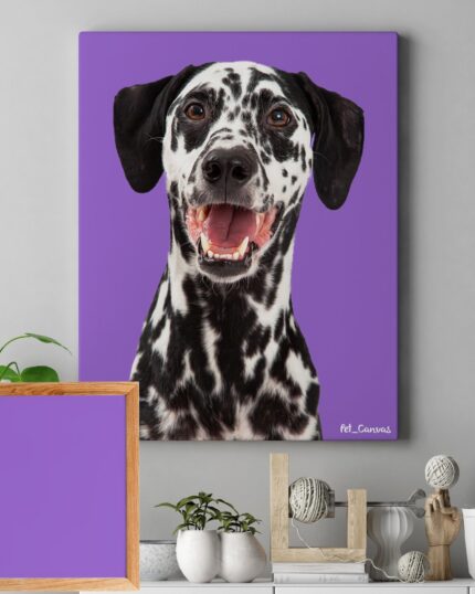 A room features product 6, a pop art canvas painting of a happy Dalmatian dog on a purple background, displayed above houseplants, a decorative shelf, and a small frame in vibrant colors matching the artwork.