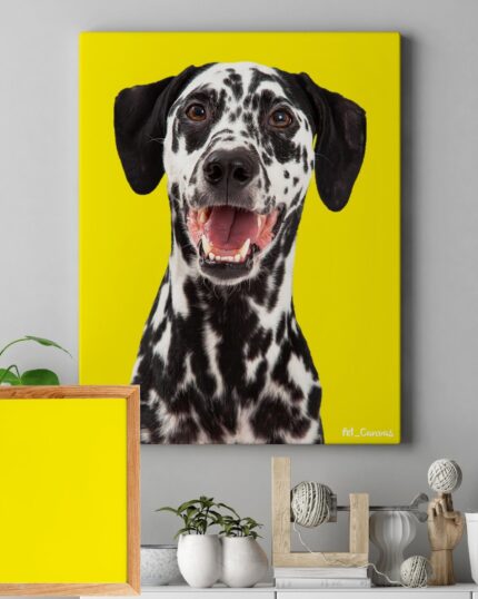 Product 7, a Pop Art style canvas painting of a happy Dalmatian dog with solid colors, hangs on a grey wall above a shelf decorated with small plants, a yellow blank frame, and decorative items.
