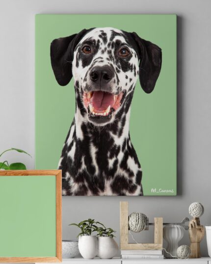 The Free Creative Elegant Interior Poster Frame Mockup showcases a happy Dalmatian dog in pop art style with solid colors above a shelf decorated with small plants, decorative items, and an empty wooden frame.