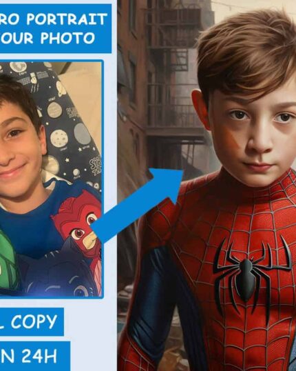 A photo of a smiling boy in blue is shown beside a digital illustration of him as Ironboy #6, with an arrow connecting them. Text: Custom Superhero Child Portrait - Ironboy #6, perfect for canvas printing. Digital copy ready in 24h.