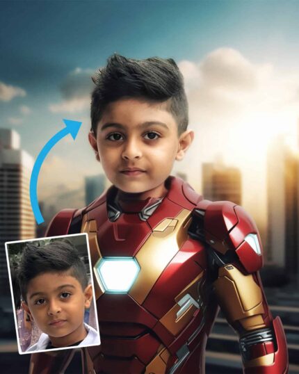 A young boy transformed into Ironboy stands before a cityscape in the Custom Superhero Child Portrait - Ironboy #6, with an arrow linking his regular photo to the superhero image—an inspiring idea for your own custom pet canvas.