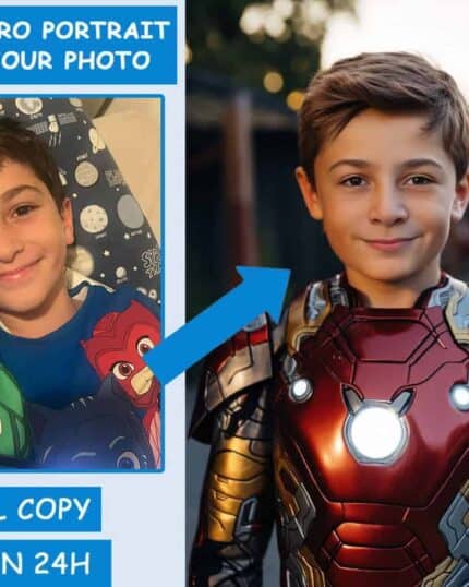 Side-by-side images feature a smiling boy in pajamas and his digital transformation into Ironboy #6, showcasing the Custom Superhero Child Portrait with fast digital creation and unique canvas print options.