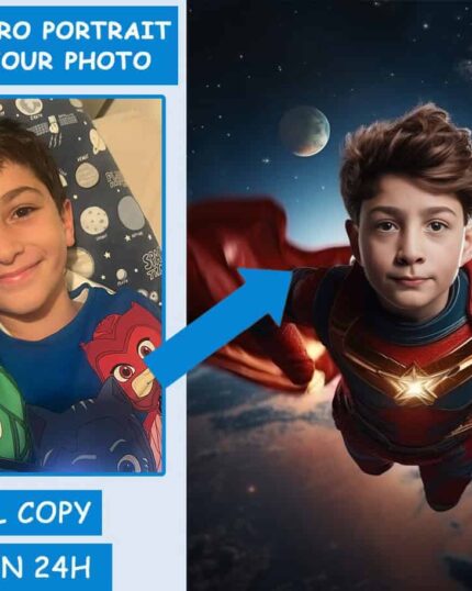 Side-by-side images show a smiling boy’s photo on the left and his Custom Superhero Child Portrait - Ironboy #6 on the right, with an arrow between them. Ideal for canvas printing or as a unique custom design gift.