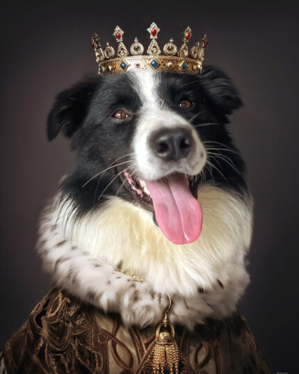 Showcase your pet’s regal side with The King #11 - Custom Design Pet Canvas, featuring a black and white dog in a jeweled gold crown and royal robe, gazing at the camera—add majestic charm to your space.