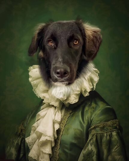 A black dog with tan markings wears an elaborate green historic costume with lace ruffles, posed on a green patterned backdrop—ideal for canvas printing as "The Elegant Boy – Custom Design Pet Canvas.