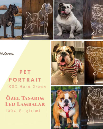 A collage features dog photos and Customized Pet Lamp Design canvas portraits. Left text: Pet Portrait 100% Hand Drawn and Özel Tasarım Led Lambalar 100% El çizimi. The Pet Canvas logo appears at the top.