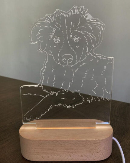 The Customized Pet Lamp Design features a clear acrylic panel etched with a floppy-eared, fluffy dog on a wooden LED base, creating an illuminated pet portrait—an eye-catching alternative to traditional pet canvas decor.