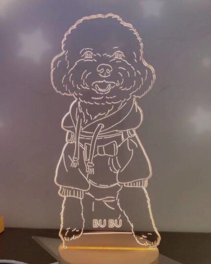 A glowing line art of a fluffy dog in a hoodie, standing upright with "BU BÚ" on the base. The softly lit, starry background makes this Customized Pet Lamp Design ideal for unique canvas printing or custom pet decor.
