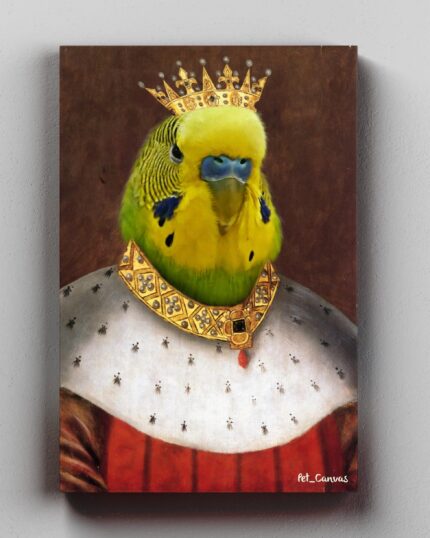 A digital painting of a green and yellow budgie wearing a gold crown and jeweled necklace, dressed in royal robes, styled as a regal portrait against a brown background—perfect for a custom design pet canvas.