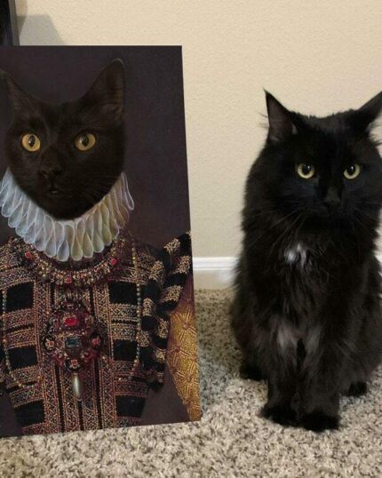 A black cat sits on carpet beside "The Yellow Queen #7 - Custom Design Pet Canvas," showcasing its portrait in ornate royal attire with a ruffled collar. Both the cat and the canvas share matching poses and regal expressions.
