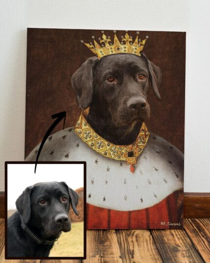 The Costume Style – All Kings canvas features a black Labrador in a royal crown and ornate robe, with an inset photo showing the real dog and an arrow highlighting how the custom portrait brings pets to life.