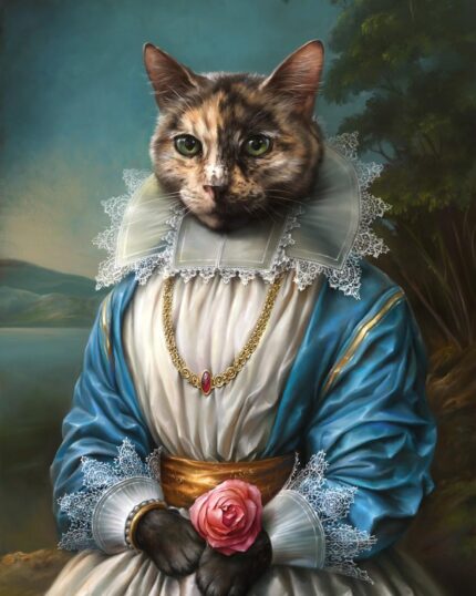A brown, black, and white cat in a lace-collared gown with gold jewelry holds a pink rose against an outdoor backdrop—featured in "The Noble Lady #10 - Custom Design Pet Canvas," perfect for personalized pet portraits.