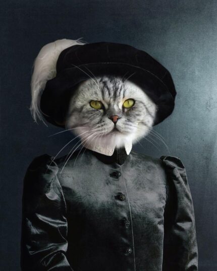 A cat with grey and white fur dons a black vintage suit and feathered hat, posed classically on a dark backdrop—ideal for custom pet art with The Noble Gentleman #7 - Custom Design Canvas Painting.