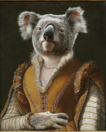 The Noble Lady #8 - Custom Design Pet Canvas features a classical portrait with ornate attire and the face and hands of a koala, blending human and animal traits for a unique, humorous work of art.