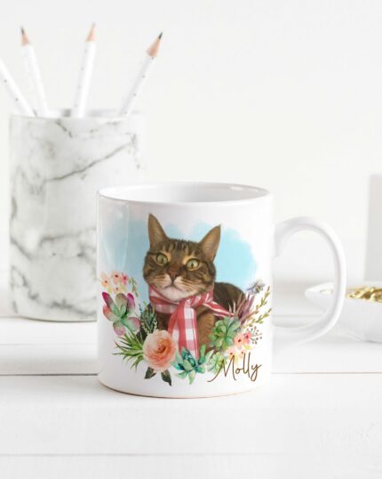 The Flower Wreath Custom Design Mug #1 displays a cat named “Molly” with a red scarf, surrounded by colorful flowers—a charming white mug perfect for pet canvas design lovers.