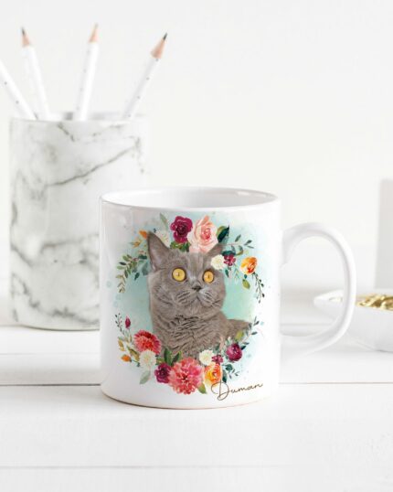 kedili özel tasarım çiçekli kupa