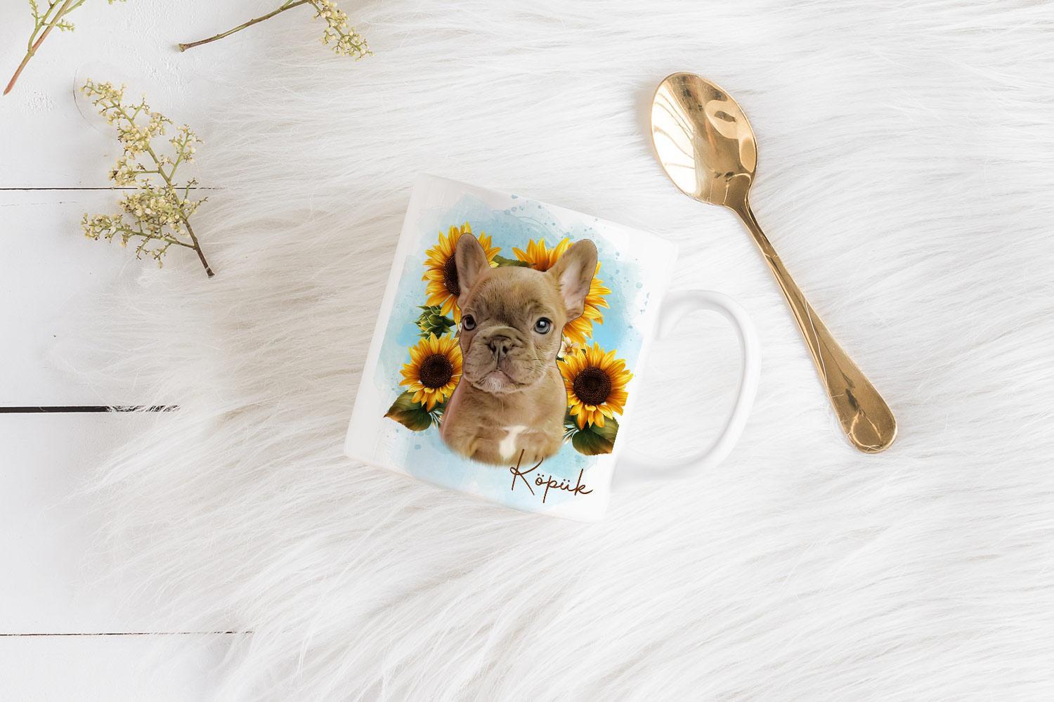 The Flower Wreath Custom Design Mug #1 Features A Cute French Bulldog And Sunflower Design, Displayed On A White Furry Surface Beside A Gold Spoon And Small Flowers—Perfect For Inspiring Your Own Pet Canvas. The Flower Wreath Custom Design Mug #1 features a cute French Bulldog and sunflower design, displayed on a white furry surface beside a gold spoon and small flowers—perfect for inspiring your own pet canvas.