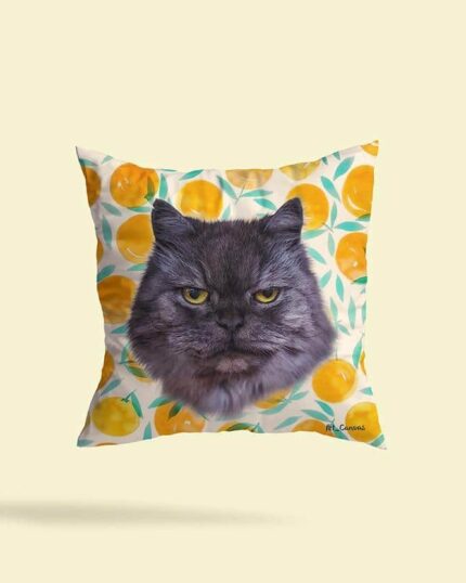 The Personalized PopArt Pillow – Orange Fruit features a realistic fluffy gray cat’s face with vibrant oranges and green leaves, ideal for custom pet canvas lovers and those seeking unique home accents.