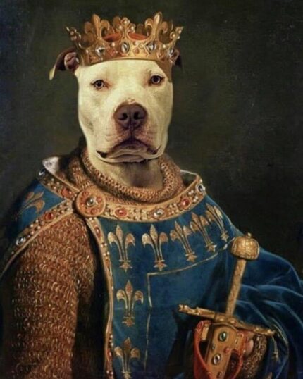 Showcase your pet’s noble side with "The King #6 - Custom Design Canvas Painting," featuring your dog in royal robes, a crown, and holding a jeweled sword, inspired by classic king’s portraits.