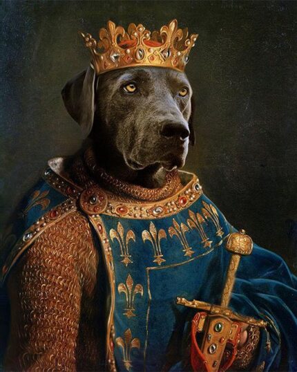 A black dog in a jeweled crown and blue robe with gold fleur-de-lis, posed regally holding a golden sword in royal portrait style—featured in "The King #6 - Custom Design Canvas Painting," perfect for pet lovers.