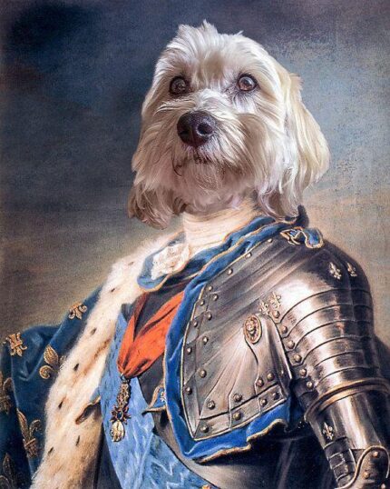 Transform your pet into a noble with "The Knight #2 - Custom Pet Canvas," featuring a fluffy white dog in ornate armor and royal blue cape, styled like a historic portrait—ideal for unique canvas printing.