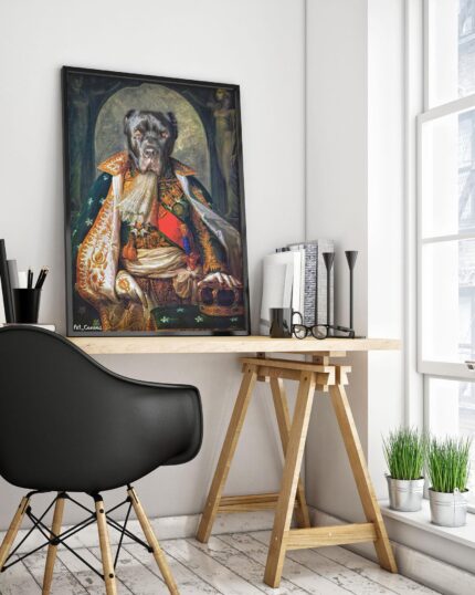 A stylish home office features a wooden desk, black modern chair, books, plants, and "The King #3 - Custom Design Canvas Painting" of a dog in regal attire leaning against the wall. Sunlight pours through a large window.