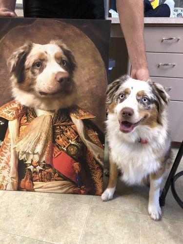 A happy brown and white dog stands beside "The King #3 - Custom Design Canvas Painting," which features its portrait in regal royal attire with an ornate uniform, medals, and a sash as a person gently holds its collar.