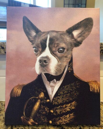 Special Design Canvas Painting – Noble Gentleman #10 features a dog in an ornate, gold-trimmed military uniform—ideal for custom pet portraits or canvas prints inspired by classic 18th-19th century regal art.