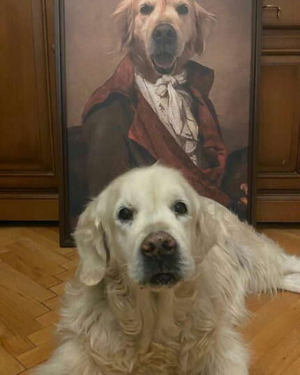 A golden retriever lies on a wooden floor in front of The Noble Gentleman #1 - Custom Pet Canvas, which shows the dog in aristocratic attire. Wooden cabinets are visible in the background.