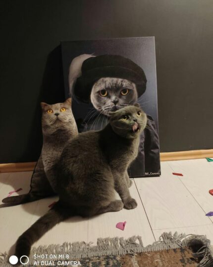 A gray cat with its mouth open and tongue out sits by confetti near a pillow and The Noble Gentleman #7 - Custom Design Canvas Painting, both featuring custom images of calm gray cats.