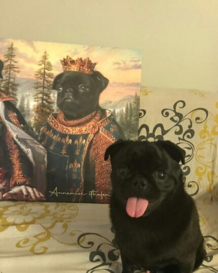 A black pug pants happily on a couch in front of "The King #6 - Custom Design Canvas Painting," featuring the pug dressed royally with a crown and ornate clothing against a scenic background.
