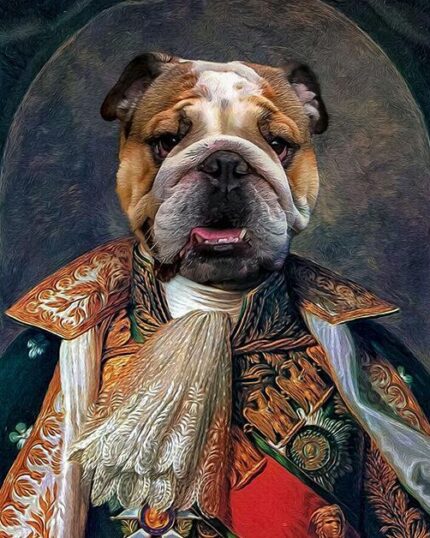 A digitally created portrait of a bulldog with a serious expression, dressed in an ornate, historical military uniform with gold embroidery and medals, posed against a dark background—perfect for a custom design pet canvas.