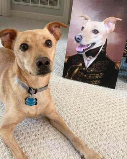 A light brown dog with upright ears and a blue-tagged collar relaxes on a carpet beside the Special Design Canvas Painting – Noble Gentleman #10, which features the pet in an aristocratic, historical outfit.