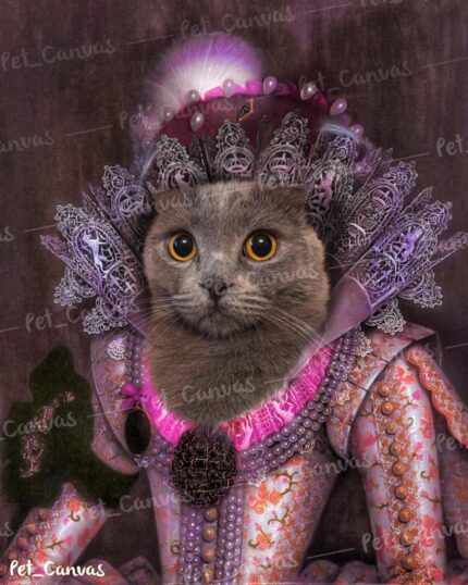 The Pink Noble Lady #11 - Custom Design Pet Canvas features a gray cat's face on a regal Renaissance figure in an ornate gown with lace, jewels, and a purple-pink crown—ideal for your custom pet art.