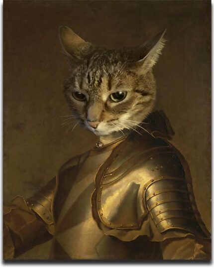 A digital artwork of a cat with a serious expression, wearing shiny medieval armor and depicted in classic renaissance style—a perfect custom design pet canvas for art and animal lovers.