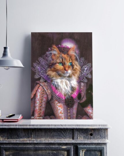 A portrait titled "The Pink Noble Lady #11 - Custom Design Pet Canvas" features a fluffy cat in ornate Renaissance attire with lace and jewels, displayed on a rustic table under a modern lamp, highlighting custom pet canvas printing.