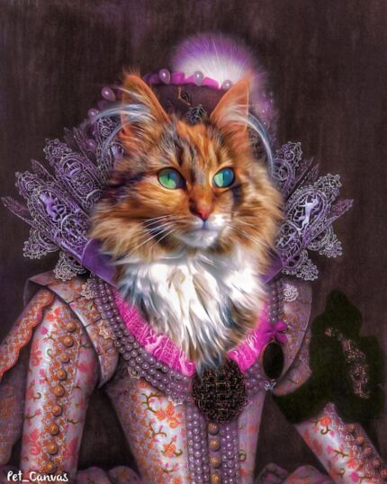 The Pink Noble Lady #11 - Custom Design Pet Canvas features a regal, fluffy cat with green eyes in royal Renaissance attire adorned with lace, pearls, and ornate details against a dark background—ideal for personalized pet art.