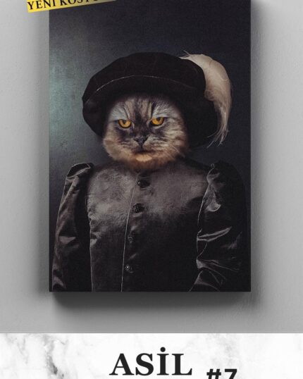 A regal cat in historical dark velvet attire with a feathered hat, ideal for pet canvas art. "YENİ KOSTÜM!" tops the image, "Costume Style – All Noble Gentlemen" is below, all on a marble background.