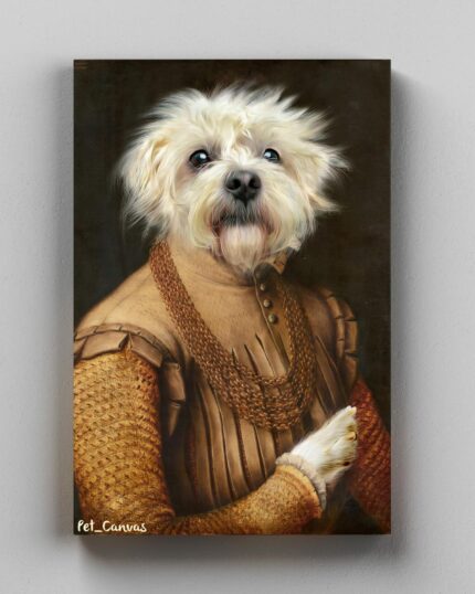 The Noble Gentleman #9 - Custom Design Pet Canvas features a fluffy white dog in royal attire, posed formally against a dark background—a perfect personalized artwork for any art-loving pet owner.