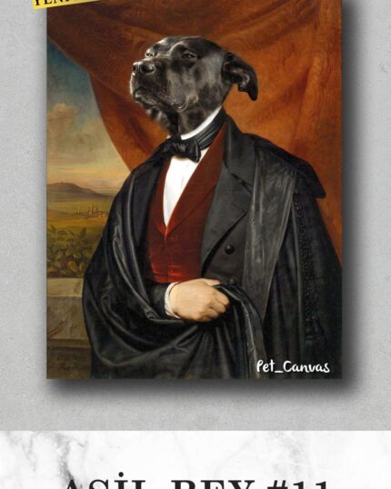 Costume Style – All Noble Gentlemen: Digital artwork features a dog’s head on a human body in a 19th-century suit, bold curtains and landscape background, yellow 'YENİ KOSTÜM!' label, and 'ASİL BEY #11' below. Ideal for unique canvas prints.