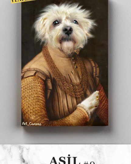 A digital artwork from the Costume Style – All Noble Gentlemen series shows a dog in ornate nobleman’s attire, on a custom pet canvas with the Turkish words YENİ KOSTÜM! and ASİL BEY #9.