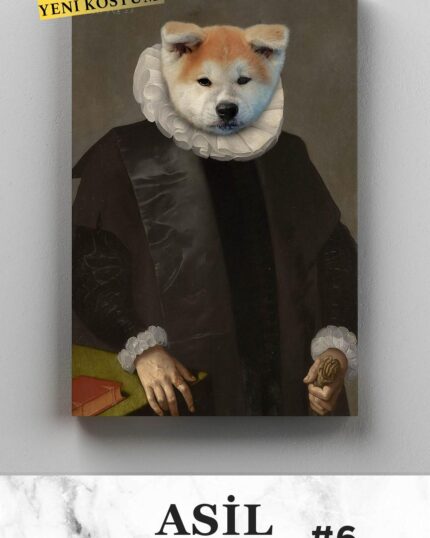 A classical portrait in dark Renaissance attire with a ruffled collar, featuring a Shiba Inu head—an ideal custom design pet canvas from Costume Style – All Noble Gentlemen. Yellow text: YENİ KOSTÜM! Marble text: ASİL BEY #6.