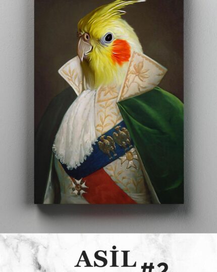 A portrait of a cockatiel in an ornate noble gentleman's costume—green cape, medals, regal pose. Features Turkish text: YENİ KOSTÜM! and ASİL BEY #2. Product Name: Costume Style – All Noble Gentlemen. Perfect as a custom pet canvas.