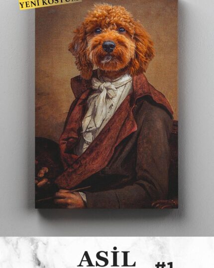 A dog with curly brown fur in an 18th-century aristocrat costume appears on the “Costume Style – All Noble Gentlemen” custom canvas. The image has a yellow "YENİ KOSTÜM!" label and "ASIL BEY #1" text on a marble background.