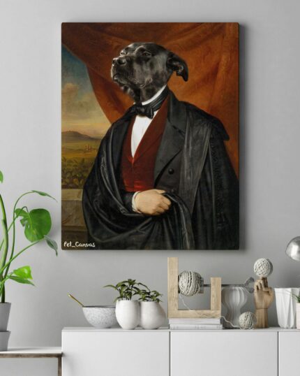 The Noble Gentleman #11 - Custom Design Pet Canvas displays a black dog in noble attire, adding charm above modern decor and houseplants.