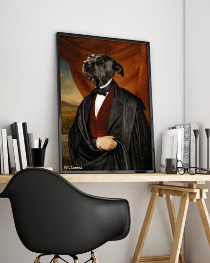 The Noble Gentleman #11 - Custom Design Pet Canvas shows a dog in vintage formal attire, framed and displayed on a modern wooden desk with a black chair, books, and decor in a minimalist room.