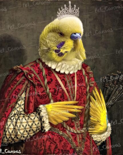 Introducing "The Noble Lady #7 - Special Design Canvas Painting"—a regal yellow budgie in a red and gold Renaissance gown and jeweled crown, posed royally. The perfect custom canvas to immortalize your beloved feathered friend.