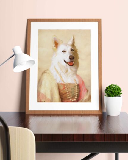 The Noble Lady #6 - Special Design Canvas Painting features a framed custom portrait of a white dog in historical attire, displayed on a dark wooden desk next to a potted plant and white lamp against a light pink wall.