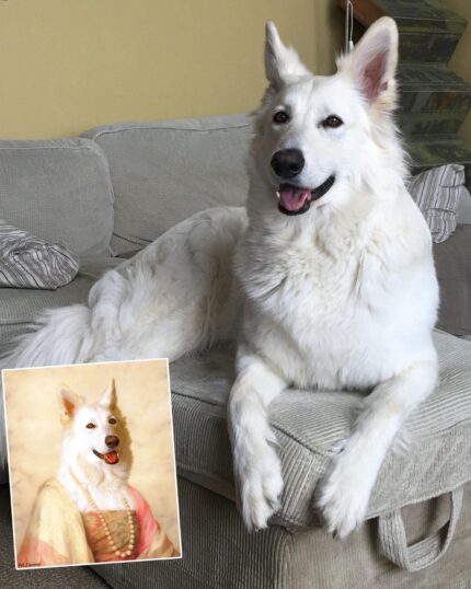 A large, fluffy white dog lounges on a light sofa, smiling. In the foreground is “The Noble Lady #6 - Special Design Canvas Painting,” a custom pet canvas featuring the same dog in regal, historical attire.
